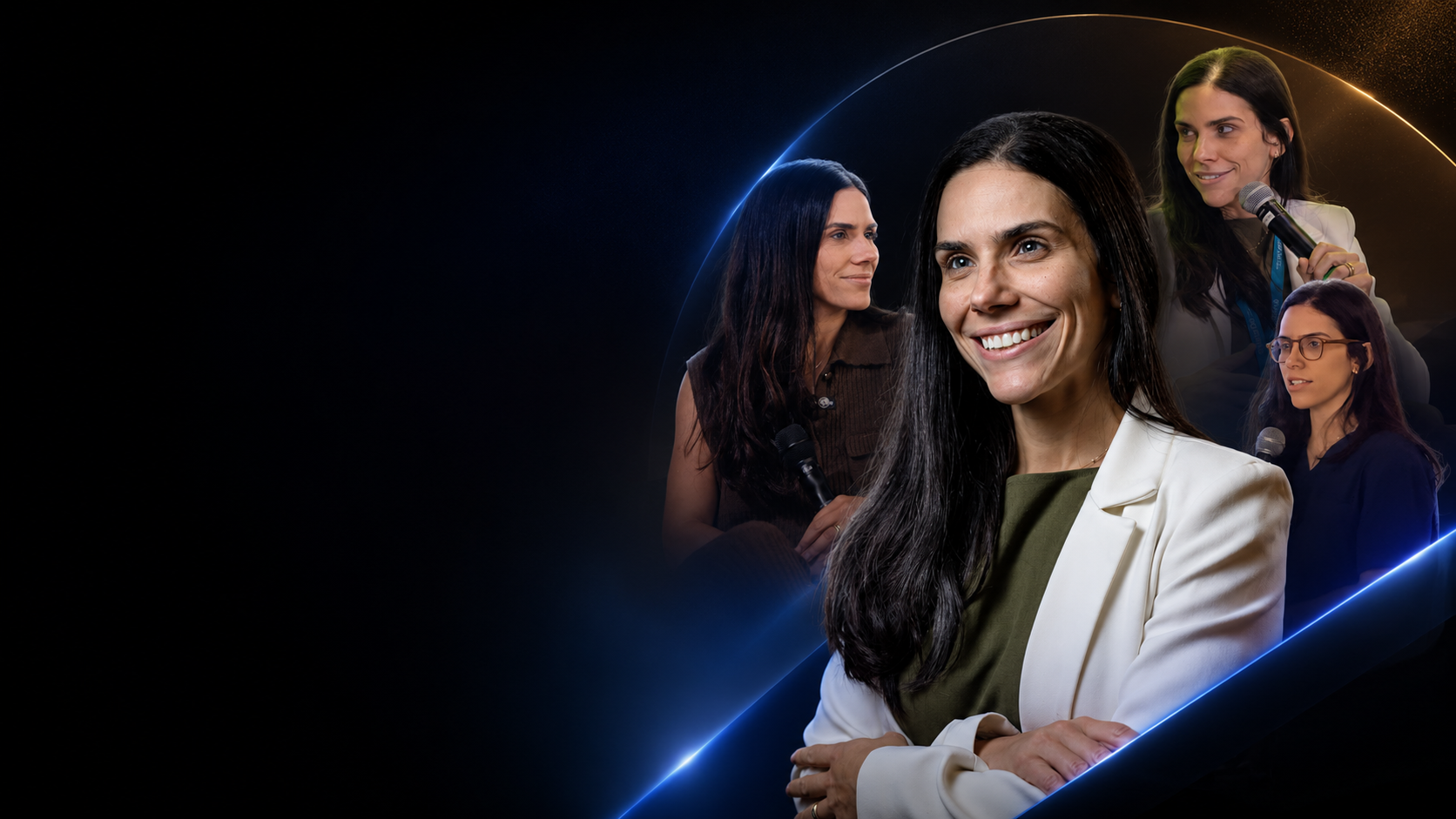 Dra. Clara Carvalho sorrindo, primeira médica emergencista capa da Forbes, com registros de participações em eventos ao fundo